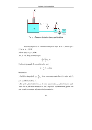 Lições de Hidráulica Básica
92
Fig. xx – Esquema ilustrativo da prensa hidráulica.
Pelo fato da pressão ser constante ao longo das áreas A1 e A2, tem-se: p1 =
F1/A1 e p2 = F2/A2.
Sabe-se que p3 = p2 + ρog∆h
Mas, p1 = p3. Logo, escreve-se que:
h
A
F
A
F
o ∆+= γ
2
2
1
1
Finalmente, a equação da prensa hidráulica será:
12
2
1
1 hAF
A
A
F o ∆+= γ
Observações:
1. Se ∆h for desprezível:
2
2
1
1 F
A
A
F = . Nesse caso, quanto maior for A1/A2, maior será F1,
para equilibrar uma força F2.
2. Em geral A1 é muito inferior a A2, de forma que a relação A1/A2 é muito menor que 1.
Nesse caso, F1 será muito menor que F2, isto é, é possível equilibrar uma F2 grande com
uma força F1 bem menor, aplicada no êmbolo da direita.
 