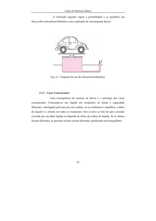 Lições de Hidráulica Básica
93
A ilustração seguinte sugere a possibilidade e se equilibrar um
fusca sobre uma prensa hidráulica, com a aplicação de uma pequena força f.
Fig. xx – Esquema do uso de uma prensa hidráulica.
3.5.2 – Vasos Comunicantes
Uma consequência do teorema de Stevin é o princípio dos vasos
comunicantes. Colocando-se um líquido em recipientes de forma e capacidade
diferentes, interligados pela base por um conduto, ao se estabelecer o equilíbrio, a altura
do líquido é a mesma em todos os recipientes. Isso se deve ao fato de que a pressão
exercida por um dado líquido só depende da altura da coluna de líquido. Se as alturas
fossem diferentes, as pressões na base seriam diferentes, produzindo um desequilíbrio.
 