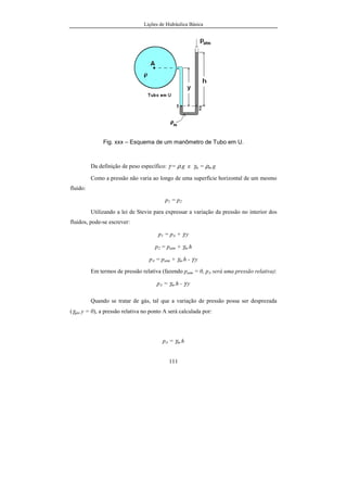 Lições de Hidráulica Básica
111
Fig. xxx – Esquema de um manômetro de Tubo em U.
Da definição de peso específico: γ = ρ.g e γm = ρm.g
Como a pressão não varia ao longo de uma superfície horizontal de um mesmo
fluido:
p1 = p2
Utilizando a lei de Stevin para expressar a variação da pressão no interior dos
fluidos, pode-se escrever:
p1 = pA + γ.y
p2 = patm + γm.h
pA = patm + γm.h - γ.y
Em termos de pressão relativa (fazendo patm = 0, pA será uma pressão relativa):
pA = γm.h - γ.y
Quando se tratar de gás, tal que a variação de pressão possa ser desprezada
(γgás.y = 0), a pressão relativa no ponto A será calculada por:
pA = γm.h
 