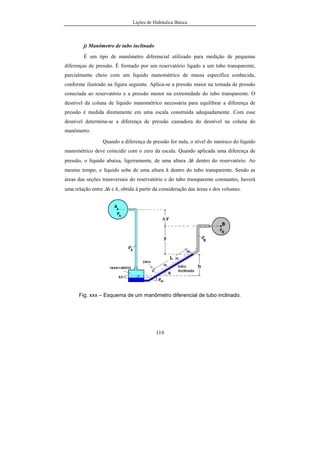 Lições de Hidráulica Básica
119
j) Manômetro de tubo inclinado
É um tipo de manômetro diferencial utilizado para medição de pequenas
diferenças de pressão. É formado por um reservatório ligado a um tubo transparente,
parcialmente cheio com um líquido manométrico de massa específica conhecida,
conforme ilustrado na figura seguinte. Aplica-se a pressão maior na tomada de pressão
conectada ao reservatório e a pressão menor na extremidade do tubo transparente. O
desnível da coluna de líquido manométrico necessária para equilibrar a diferença de
pressão é medida diretamente em uma escala construída adequadamente. Com esse
desnível determina-se a diferença de pressão causadora do desnível na coluna do
manômetro.
Quando a diferença de pressão for nula, o nível do menisco do líquido
manométrico deve coincidir com o zero da escala. Quando aplicada uma diferença de
pressão, o líquido abaixa, ligeiramente, de uma altura ∆h dentro do reservatório. Ao
mesmo tempo, o líquido sobe de uma altura h dentro do tubo transparente. Sendo as
áreas das seções transversais do reservatório e do tubo transparente constantes, haverá
uma relação entre ∆h e h, obtida à partir da consideração das áreas e dos volumes.
Fig. xxx – Esquema de um manômetro diferencial de tubo inclinado.
 