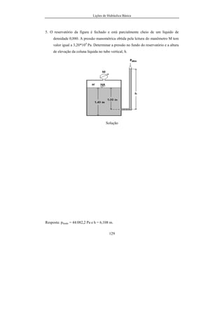 Lições de Hidráulica Básica
129
5. O reservatório da figura é fechado e está parcialmente cheio de um líquido de
densidade 0,880. A pressão manométrica obtida pela leitura do manômetro M tem
valor igual a 3,20*104
Pa. Determinar a pressão no fundo do reservatório e a altura
de elevação da coluna líquida no tubo vertical, h.
Solução
Resposta: pfundo = 44.082,2 Pa e h = 6,108 m.
 