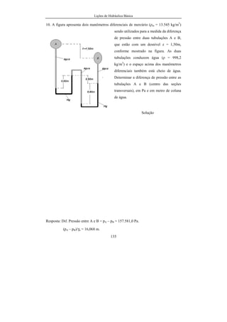 Lições de Hidráulica Básica
135
10. A figura apresenta dois manômetros diferenciais de mercúrio (ρm = 13.545 kg/m3
)
sendo utilizados para a medida da diferença
de pressão entre duas tubulações A e B,
que estão com um desnível z = 1,50m,
conforme mostrado na figura. As duas
tubulações conduzem água (ρ = 998,2
kg/m3
) e o espaço acima dos manômetros
diferenciais também está cheio de água.
Determinar a diferença de pressão entre as
tubulações A e B (centro das seções
transversais), em Pa e em metro de coluna
de água.
Solução
Resposta: Dif. Pressão entre A e B = pA – pB = 157.581,0 Pa.
(pA – pB)/γa = 16,068 m.
 