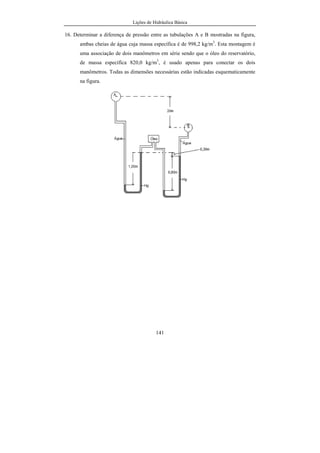 Lições de Hidráulica Básica
141
16. Determinar a diferença de pressão entre as tubulações A e B mostradas na figura,
ambas cheias de água cuja massa específica é de 998,2 kg/m3
. Esta montagem é
uma associação de dois manômetros em série sendo que o óleo do reservatório,
de massa específica 820,0 kg/m3
, é usado apenas para conectar os dois
manômetros. Todas as dimensões necessárias estão indicadas esquematicamente
na figura.
 