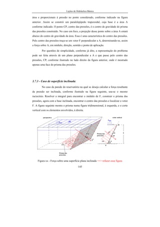 Lições de Hidráulica Básica
145
área e proporcionais à pressão no ponto considerado, conforme indicado na figura
anterior. Assim se constrói um paralelepípedo trapezoidal, cuja base é a área A
conforme indicado. O ponto CP, centro das pressões, é o centro de gravidade do prisma
das pressões construído. No caso em foco, a projeção desse ponto sobre a área A estará
abaixo do centro de gravidade da área. Essa é uma característica do centro das pressões.
Pelo centro das pressões traça-se um vetor F perpendicular a A, determinando-se, assim
a força sobre A, em módulo, direção, sentido e ponto de aplicação.
Por questões de simplicidade, conforme já dito, a representação do problema
pode ser feita através de um plano perpendicular a A e que passe pelo centro das
pressões, CP, conforme ilustrado no lado direito da figura anterior, onde é mostrado
apenas uma face do prisma das pressões.
3.7.3 - Caso de superfície inclinada:
No caso da parede do reservatório na qual se deseja calcular a força resultante
da pressão ser inclinada, conforme ilustrado na figura seguinte, usa-se o mesmo
raciocínio. Resolver a integral para encontrar o módulo de F, construir o prisma das
pressões, agora com a base inclinada, encontrar o centro das pressões e localizar o vetor
F. A figura seguinte mostra o prisma numa figura tridimensional, à esquerda, e o corte
vertical com os elementos envolvidos, à direita.
Figura xx - Força sobre uma superfície plana inclinada ==> refazer essa figura
 