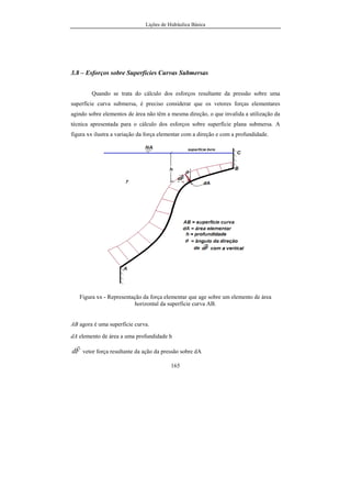 Lições de Hidráulica Básica
165
3.8 – Esforços sobre Superfícies Curvas Submersas
Quando se trata do cálculo dos esforços resultante da pressão sobre uma
superfície curva submersa, é preciso considerar que os vetores forças elementares
agindo sobre elementos de área não têm a mesma direção, o que invalida a utilização da
técnica apresentada para o cálculo dos esforços sobre superfície plana submersa. A
figura xx ilustra a variação da força elementar com a direção e com a profundidade.
Figura xx - Representação da força elementar que age sobre um elemento de área
horizontal da superfície curva AB.
AB agora é uma superfície curva.
dA elemento de área a uma profundidade h
Fd
r
vetor força resultante da ação da pressão sobre dA
 