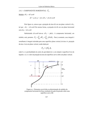 Lições de Hidráulica Básica
167
3.8.1 - COMPONENTE HORIZONTAL: HF
r
Módulo: dFH = dF.senθ
dF = p.dA, p = γ.h e dFH = γ h dA.senθ
Pela figura xx, nota-se que a projeção da área dA em um plano vertical é dAV,
tal que: dAV = dA.senθ. Da mesma forma, a projeção de dA em um plano horizontal
será dAH = dA.cosθ.
Substituindo dA.senθ tem-se: dFH = γhdAV. A componente horizontal, em
módulo, será, portanto: ∫∫ ==
VV A VA HH dAhdFF γ . Para γ constante, essa integral é
semelhante à integral calculada para uma superfície plana vertical, de área Av, projeção
da área A em um plano vertical, sendo dada por:
VGH AhF '
γ=
onde h'G é a profundidade do centro de gravidade de AV em relação à superfície livre do
líquido e AV é o valor da projeção da área da superfície curva sobre um plano vertical.
Figura xx - Elementos envolvidos na determinação do módulo da
componente horizontal da força resultante da ação da pressão sobre uma
superfície curva AB.
 