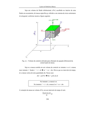 Lições de Hidráulica Básica
204
Seja um volume de fluido infinitesimal, dVol, escolhido no interior de uma
fluido em escoamento, de massa específica ρ, referido a um sistema de eixos cartesianos
tri-ortogonal, conforme mostra a figura seguinte:
Fig. xx – Volume de controle utilizado para obtenção da equação diferencial da
conservação da massa.
Seja m a massa contida em um volume de controle no instante t e m´ a massa
num instante t´. Sendo t´ = t + dt m´ = m + dm. Diz-se que no intervalo de tempo,
dt, a massa variou de uma quantidade dm. Nesse caso:
dm = ρ.dVol dm = ρ.dx.dy.dz
No instante t, a massa é m.
No instante t´ = t + dt, a massa é m´= m + dm
A variação da massa no volume dVol, em um intervalo de tempo dt será:
dt
t
dzdydx
∂
∂ )...(ρ
 