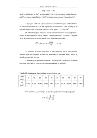 Lições de Hidráulica Básica
31
U(γ) = U(P) / U(V)
No SI, a unidade de γ é N/m3
; no sistema CGS é dyn/cm3
; no sistema Inglês Absoluto é
pdl/ft3
; no sistema Inglês Técnico é lbf/ft3
e, finalmente, no sistema Técnico é kgf/m3
.
A água pura a 4o
C tem o peso específico ao nível do mar igual a 9 806,65 N/m3
ou, aproximadamente 9 807 N/m3
. Os engenheiros usaram muito o valor 1000 kgf/m3
. O
mercúrio metálico tem a sua massa específica a 0o
C igual a 133 322,4 N/m3
.
Da definição de peso específico decorre uma relação muito usual que permite o
cálculo do peso específico caso se conheça a massa específica e vice-versa. A segunda
lei de Newton permite escrever o peso de certa massa dm como sendo:
g
dV
gdm
gdmdP ργγ =∴=∴=
.
. .
Ao contrário da massa específica, o peso específico não é uma grandeza
absoluta, visto que depende do valor da aceleração da gravidade local, função da
posição na superfície terrestre.
A aceleração da gravidade varia com a latitude e com a altitude do local onde
está sendo observada. A variação com a latitude está dada na tabela 05.
Tabela 05 - Aceleração da gravidade, go ao nível do mar.
Latitu-
de (°)
0 10 20 30 40 50 60 70 80 90
go
(m/s
2
)
9,780 9,782 9,786 9,793 9,802 9,811 9,819 9,826 9,831 9,832
Com a altitude, z, a aceleração da gravidade pode ser avaliada pela equação:
2






+
=
zR
R
gg o
 