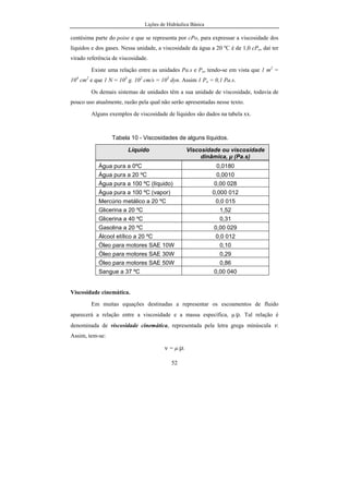 Lições de Hidráulica Básica
52
centésima parte do poise e que se representa por cPo, para expressar a viscosidade dos
líquidos e dos gases. Nessa unidade, a viscosidade da água a 20 ºC é de 1,0 cPo, daí ter
virado referência de viscosidade.
Existe uma relação entre as unidades Pa.s e Po, tendo-se em vista que 1 m2
=
104
cm2
e que 1 N = 103
g. 102
cm/s = 105
dyn. Assim 1 Po = 0,1 Pa.s.
Os demais sistemas de unidades têm a sua unidade de viscosidade, todavia de
pouco uso atualmente, razão pela qual não serão apresentadas nesse texto.
Alguns exemplos de viscosidade de líquidos são dados na tabela xx.
Tabela 10 - Viscosidades de alguns líquidos.
Líquido Viscosidade ou viscosidade
dinâmica, µ (Pa.s)
Água pura a 0ºC 0,0180
Água pura a 20 ºC 0,0010
Água pura a 100 ºC (líquido) 0,00 028
Água pura a 100 ºC (vapor) 0,000 012
Mercúrio metálico a 20 ºC 0,0 015
Glicerina a 20 ºC 1,52
Glicerina a 40 ºC 0,31
Gasolina a 20 ºC 0,00 029
Álcool etílico a 20 ºC 0,0 012
Óleo para motores SAE 10W 0,10
Óleo para motores SAE 30W 0,29
Óleo para motores SAE 50W 0,86
Sangue a 37 ºC 0,00 040
Viscosidade cinemática.
Em muitas equações destinadas a representar os escoamentos de fluido
aparecerá a relação entre a viscosidade e a massa específica, µ/ρ. Tal relação é
denominada de viscosidade cinemática, representada pela letra grega minúscula ν.
Assim, tem-se:
ν = µ/ρ.
 