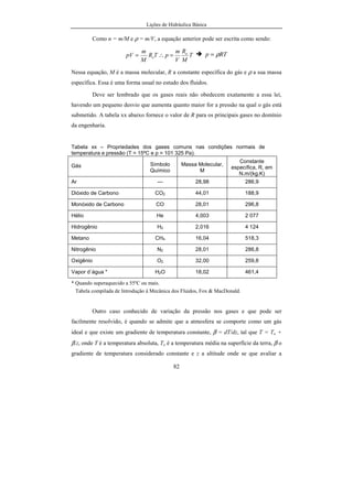 Lições de Hidráulica Básica
82
Como n = m/M e ρ = m/V, a equação anterior pode ser escrita como sendo:
T
M
R
V
m
pTR
M
m
pV o
o =∴= RTp ρ=
Nessa equação, M é a massa molecular, R a constante específica do gás e ρ a sua massa
específica. Essa é uma forma usual no estudo dos fluidos.
Deve ser lembrado que os gases reais não obedecem exatamente a essa lei,
havendo um pequeno desvio que aumenta quanto maior for a pressão na qual o gás está
submetido. A tabela xx abaixo fornece o valor de R para os principais gases no domínio
da engenharia.
Tabela xx – Propriedades dos gases comuns nas condições normais de
temperatura e pressão (T = 15ºC e p = 101 325 Pa).
Gás Símbolo
Químico
Massa Molecular,
M
Constante
específica, R, em
N.m/(kg.K)
Ar --- 28,98 286,9
Dióxido de Carbono CO2 44,01 188,9
Monóxido de Carbono CO 28,01 296,8
Hélio He 4,003 2 077
Hidrogênio H2 2,016 4 124
Metano CH4 16,04 518,3
Nitrogênio N2 28,01 286,8
Oxigênio O2 32,00 259,8
Vapor d´água * H2O 18,02 461,4
* Quando superaquecido a 55ºC ou mais.
Tabela compilada de Introdução à Mecânica dos Fluidos, Fox & MacDonald.
Outro caso conhecido de variação da pressão nos gases e que pode ser
facilmente resolvido, é quando se admite que a atmosfera se comporte como um gás
ideal e que existe um gradiente de temperatura constante, β = dT/dz, tal que T = To +
β.z, onde T é a temperatura absoluta, To é a temperatura média na superfície da terra, β o
gradiente de temperatura considerado constante e z a altitude onde se que avaliar a
 