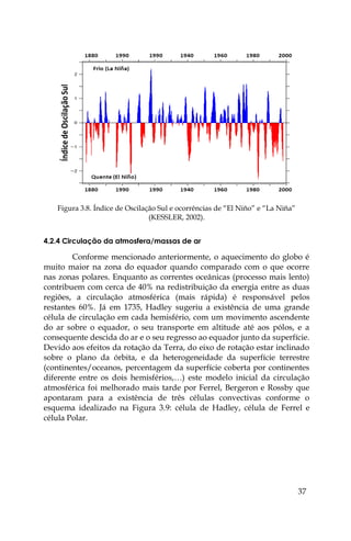 37
Figura 3.8. Índice de Oscilação Sul e ocorrências de “El Niño” e “La Niña”
(KESSLER, 2002).
4.2.4 Circulação da atmosfera/massas de ar
Conforme mencionado anteriormente, o aquecimento do globo é
muito maior na zona do equador quando comparado com o que ocorre
nas zonas polares. Enquanto as correntes oceânicas (processo mais lento)
contribuem com cerca de 40% na redistribuição da energia entre as duas
regiões, a circulação atmosférica (mais rápida) é responsável pelos
restantes 60%. Já em 1735, Hadley sugeriu a existência de uma grande
célula de circulação em cada hemisfério, com um movimento ascendente
do ar sobre o equador, o seu transporte em altitude até aos pólos, e a
consequente descida do ar e o seu regresso ao equador junto da superfície.
Devido aos efeitos da rotação da Terra, do eixo de rotação estar inclinado
sobre o plano da órbita, e da heterogeneidade da superfície terrestre
(continentes/oceanos, percentagem da superfície coberta por continentes
diferente entre os dois hemisférios,…) este modelo inicial da circulação
atmosférica foi melhorado mais tarde por Ferrel, Bergeron e Rossby que
apontaram para a existência de três células convectivas conforme o
esquema idealizado na Figura 3.9: célula de Hadley, célula de Ferrel e
célula Polar.
 