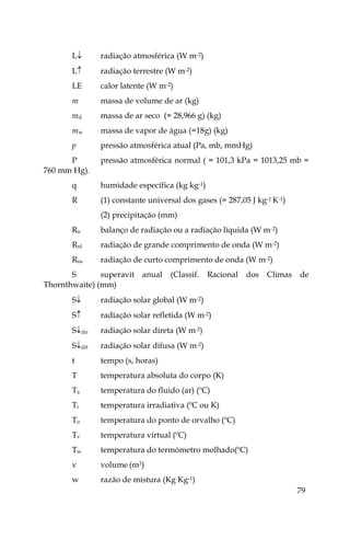 79
L radiação atmosférica (W m-2)
L radiação terrestre (W m-2)
LE calor latente (W m-2)
m massa de volume de ar (kg)
md massa de ar seco (= 28,966 g) (kg)
mw massa de vapor de água (=18g) (kg)
p pressão atmosférica atual (Pa, mb, mmHg)
P pressão atmosférica normal ( = 101,3 kPa = 1013,25 mb =
760 mm Hg).
q humidade específica (kg kg-1)
R (1) constante universal dos gases (= 287,05 J kg-1 K-1)
(2) precipitação (mm)
Rn balanço de radiação ou a radiação líquida (W m-2)
Rnl radiação de grande comprimento de onda (W m-2)
Rns radiação de curto comprimento de onda (W m-2)
S superavit anual (Classif. Racional dos Climas de
Thornthwaite) (mm)
S radiação solar global (W m-2)
S radiação solar refletida (W m-2)
Sdir radiação solar direta (W m-2)
Sdif radiação solar difusa (W m-2)
t tempo (s, horas)
T temperatura absoluta do corpo (K)
Ta temperatura do fluido (ar) (ºC)
Ti temperatura irradiativa (ºC ou K)
To temperatura do ponto de orvalho (ºC)
Tv temperatura virtual (ºC)
Tw temperatura do termómetro molhado(ºC)
v volume (m3)
w razão de mistura (Kg Kg-1)
 