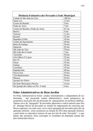 139
Distância Estimativa dos Povoados à Sede Municipal
Cidade de São João do Caru 100 km
Santa Luz 13 km
Centro do Bastião 5 km
Pedra de Areia 7 km
Centro do Bastião a Pedra de Areia 01 km
Boeiro 5 km
Tirirical 11 km
Rosário 22 km
Rapadura Velho 18 km
Centro do Nascimento 20 km
Barra do Galego 38 km
Sapucaia 45 km
São João do Turi 70 km
São João dos Crentes 7 km
Turizinho 50 km
Três Olhos d´A´guas 55 km
Km 18 12 km
Oscar 18 km
Galego 26 km
Cassimiro 35 km
Rapadurinha 40 km
Novo Caru 53 km
Vila Bandeirantes 50 km
Macaca 45 km
Igarapé dos Índios 74 km
Da Sede Municipal à Resina 25 km
Do Igarapé dos índios ao Pov. Canaã 6 km.
Polos Administrativos de Bom Jardim
Os Polos Administrativos foram criados informalmente e independente de Lei
Instituída, não possuindo caráter administrativo, numa perspectiva da
geopolítica local para fins de promoção de planejamento em políticas públicas.
Apenas serve de “agregação” de povoados adjacentes a outros maiores para fins
de abranger blocos de povoados no sentido de mapeamento de concursos por
blocos regionais; em outro caso, serve como agregação de povoados para fins de
apuração eleitoral, como acontecera na eleição de 2012 para apuração eleitoral,
a qual muito se especulava temores de que por trás de certa “inovação” – o que
dantes não acontecia, fosse corromper os resultados da disputada eleição dos
dois fortalecidos blocos.
 