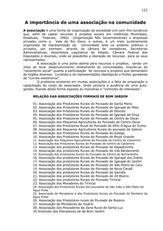 152
A importância de uma associação na comunidade
A associação é uma forma de organização da sociedade civil sem fins lucrativos
que, além de captar recursos e projetos sociais em instâncias Municipais,
Estaduais, Federais, ONGs (Organização Não Governamental) e empresas
privadas como a Vale do Rio Doce, e outras, é um meio juridicamente
organizado de representação da comunidade ante os poderes públicos e
privados, por exemplo: através da câmara de vereadores, Secretarias
Administrativas, Assembleia Legislativa de Estado, Câmara Federal dos
Deputados e diversos, onde se possibilita a liberação de recursos para os seus
representados.
A associação é uma porta aberta para recursos e projetos, sendo um
meio de levar desenvolvimento diretamente às comunidades, tirando-as do
“isolamento social” quanto à participação de recursos e projetos que demandam
de órgãos diversos. Livrando-a de representações ideológicas e fontes geradoras
de “currais eleitoreiros”.
O problema existente em muitas associações é a falta de preparação e
capacitação do corpo de associados. Onde perdura a ausência de uma auto-
gestão, ficando desta forma exposta as manobras e “controles de interesses”.
RELAÇÃO DAS ASSOCIAÇÕES FORMAIS DE BOM JARDIM
01. Associação dos Produtores Rurais do Povoado de Santa Maria
02. Associação dos Produtores Rurais do Povoado de Igarapé do Meio
03. Associação dos Produtores Rurais do Povoado de Dezoito
04. Associação dos Produtores Rurais do Povoado de Igarapé da Onça
05. Associação dos Produtores Rurais do Povoado de Centro de Oscar
06. Associação dos Pequenos Agricultores do Povoado de Centro Oscar
07. Associação dos Produtores Rural do Povoado de Olho D’água do Sulino
08. Associação dos Pequenos Agricultores Rurais do povoado de Galeno
09. Associação dos Produtores Rurais do Povoado de Galego
10. Associação dos Produtores Rurais do Povoado de Brejo Grande
11. Associação dos Pequenos Agricultores do Povoado de Centro do Cassimiro
12. Associação dos Produtores Rurais do Povoado de Centro do Cassimiro
13. Associação dos produtores Rurais do Povoado de Rapadurinha
14. Associação dos produtores Rurais do Povoado de Vila Bandeirante
15. Associação dos produtores Rurais do Povoado de Centro do Bernardinho
16. Associação dos produtores Rurais do Povoado de Igarapé dos Índios
17. Associação dos produtores Rurais do Povoado de Igarapé do Jardim
18. Associação dos produtores Rurais do Povoado de São Pedro do Caru
19. Associação dos produtores Rurais do Povoado de Nova Canaã
20. Associação dos produtores Rurais do Povoado de Garrafa
21. Associação dos produtores Rurais do Povoado de Zé Boeiro
22. Associação dos produtores Rurais do Povoado Tirirical
23. Associação dos Moradores do Tirirical
24. Associação dos Produtores Rurais dos povoados de São João e São Pedro de
Água Preta
25. Associação de Moradores e dos Produtores Rurais do Povoado de Monteiro da
Água Preta.
26. Associação dos Produtores rurais do Povoado de Rosário
27. Associação de Moradores de rosário
28. Associação dos Pescadores da Zona Rural de Santa Luz
29 Sindicato dos Pescadores de de Bom Jardim
 