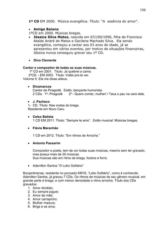 198
1º CD EM 2000. Música evangélica. Título: “A essência do amor”.
 Amigo Baiano
1ºCD em 2000. Músicas bregas.
 Jéssica Silva Matos, nascida em 07//09/1990, filha de Francisco
Ataíde André de Matos e Gecilene Machado Silva. Ela sendo
evangélica, começou a cantar aos 03 anos de idade, já se
apresentou em vários eventos, por motivo de situações financeiras,
Jéssica nunca conseguiu gravar seu 1º CD.
 Dino Clemente
Cantor e compositor de todas as suas músicas.
1º CD em 2001. Título: Já quebrei a cama.
2ºCD: - EM 2003. Título: Voltei pra te ver.
Volume 5: Ela me disse adeus.
 Dinamarcos
Cantor do Piragodê. Estilo: dançante humorista.
2 CDs: 1º- Piragodê 2º - Quero comer, mulher! / Taca o pau na cara dele.
 J. Pacheco
1- CD. Título: Nas ondas do brega.
Residente em Novo Caru
 Celso Batista
1 CD EM 2011. Título: “Sempre te amo”. Estilo musical: Músicas bregas.
 Flávia Maranhão
1 CD em 2012. Título: “Em ritmos de Arrocha.”
 Antonio Passarim
Compositor e poeta, tem de cor todas suas músicas, mesmo sem ter gravado,
mas possui mais de 20 músicas.
Sua músicas são em ritmo de brega, foclore e forró.
 Adenilton Santos “O Lobo Solitário”
Bonjardinense, residente no povoado KM18, “Lobo Solitário”, como é conhecido
Adenilton Santos, já gravou 7 CDs. Os ritmos de músicas de seu gênero musical, em
grande parte é brega, e com menor densidade o ritmo arrocha. Título dos CDs
gravados:
1. Amor dividido;
2. Eu sempre joguei;
3. Amor de mãe;
4. Amor carrapicho;
5. Mulher madura;
6. Briga e se ama;
 