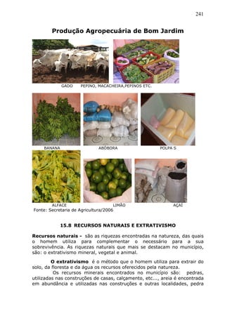241
Produção Agropecuária de Bom Jardim
GADO PEPINO, MACACHEIRA,PEPINOS ETC.
BANANA ABÓBORA POLPA S
ALFACE LIMÃO AÇAÍ
Fonte: Secretaria de Agricultura/2006
15.8 RECURSOS NATURAIS E EXTRATIVISMO
Recursos naturais - são as riquezas encontradas na natureza, das quais
o homem utiliza para complementar o necessário para a sua
sobrevivência. As riquezas naturais que mais se destacam no município,
são: o extrativismo mineral, vegetal e animal.
O extrativismo é o método que o homem utiliza para extrair do
solo, da floresta e da água os recursos oferecidos pela natureza.
Os recursos minerais encontrados no município são: pedras,
utilizadas nas construções de casas, calçamento, etc..., areia é encontrada
em abundância e utilizadas nas construções e outras localidades, pedra
 