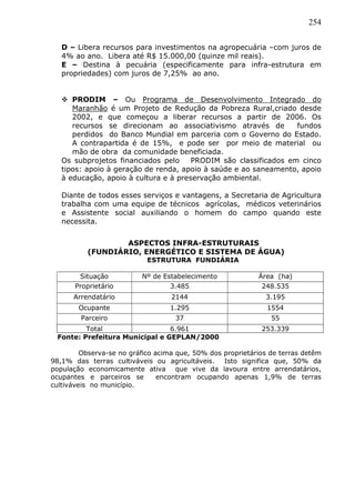 254
D – Libera recursos para investimentos na agropecuária –com juros de
4% ao ano. Libera até R$ 15.000,00 (quinze mil reais).
E – Destina à pecuária (especificamente para infra-estrutura em
propriedades) com juros de 7,25% ao ano.
 PRODIM – Ou Programa de Desenvolvimento Integrado do
Maranhão é um Projeto de Redução da Pobreza Rural,criado desde
2002, e que começou a liberar recursos a partir de 2006. Os
recursos se direcionam ao associativismo através de fundos
perdidos do Banco Mundial em parceria com o Governo do Estado.
A contrapartida é de 15%, e pode ser por meio de material ou
mão de obra da comunidade beneficiada.
Os subprojetos financiados pelo PRODIM são classificados em cinco
tipos: apoio à geração de renda, apoio à saúde e ao saneamento, apoio
à educação, apoio à cultura e à preservação ambiental.
Diante de todos esses serviços e vantagens, a Secretaria de Agricultura
trabalha com uma equipe de técnicos agrícolas, médicos veterinários
e Assistente social auxiliando o homem do campo quando este
necessita.
ASPECTOS INFRA-ESTRUTURAIS
(FUNDIÁRIO, ENERGÉTICO E SISTEMA DE ÁGUA)
ESTRUTURA FUNDIÁRIA
Situação Nº de Estabelecimento Área (ha)
Proprietário 3.485 248.535
Arrendatário 2144 3.195
Ocupante 1.295 1554
Parceiro 37 55
Total 6.961 253.339
Fonte: Prefeitura Municipal e GEPLAN/2000
Observa-se no gráfico acima que, 50% dos proprietários de terras detêm
98,1% das terras cultiváveis ou agricultáveis. Isto significa que, 50% da
população economicamente ativa que vive da lavoura entre arrendatários,
ocupantes e parceiros se encontram ocupando apenas 1,9% de terras
cultiváveis no município.
 
