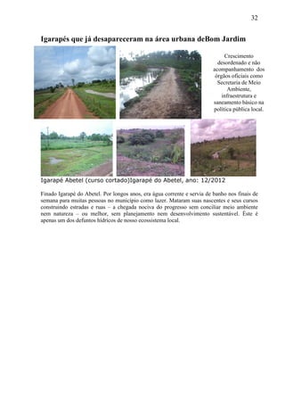32
Igarapés que já desapareceram na área urbana deBom Jardim
Igarapé Abetel (curso cortado)Igarapé do Abetel, ano: 12/2012
Finado Igarapé do Abetel. Por longos anos, era água corrente e servia de banho nos finais de
semana para muitas pessoas no município como lazer. Mataram suas nascentes e seus cursos
construindo estradas e ruas – a chegada nociva do progresso sem conciliar meio ambiente
nem natureza – ou melhor, sem planejamento nem desenvolvimento sustentável. Éste é
apenas um dos defuntos hídricos de nosso ecossistema local.
Crescimento
desordenado e não
acompanhamento dos
órgãos oficiais como
Secretaria de Meio
Ambiente,
infraestrutura e
saneamento básico na
política pública local.
 