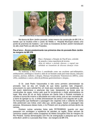 46
Dona Maria e Dona Neusa, co-responsáveis e protagonistas pelo atual nome da cidade de Bom Jardim.
Na época de Bom Jardim povoado, antes mesmo da construção da BR 316, o
baixão que se localiza entre o posto de Nildão e Hospital Municipal existia uma
ponte de pranchas de madeira – por onde os moradores de Bom Jardim transitavam
do alto José Pedro ao alto dos Praxedes.
Pau-d´arco – Árvore predominante nos primeiros dias do povoado Bom Jardim
às margens da BR 316
Na medicina, o Pau d’Arco é considerado como um excelente anti-inflamatório,
antibacteriano, antifúngico e laxativo; além de ser bastante usado para tratar úlceras, infecções
urinárias, psoríase, diabetes e alergias, Doenças Sexualmente Transmissíveis (DSTs), como
sífilis, candidíases e cancro, além de problemas gastrointestinais e alergias..
O Sr. José Pedro Vasconcelos é tido como primeiro administrador do
povoado. Isso se deu em função de que todos quantos nele chegavam,
procuravam–no para solicitar-lhe um local para construírem suas residências. Era
ele quem determinava a aberturas das ruas, designando os locais para as
construções de casas, motivo pelo qual foi tornando-se o chefe administrativo do
lugar. Nos anos 60 só se fazia compras em Santa Inês e Pindaré montados a
cavalos e burros.No inverno a dificuldade era maior ainda, pois só iam montados até
a beira do igarapé ou rio, e então atravessavam de canoa e em seguida iam a pés.
Os transportes que facilitavam a passagem dos viajantes indo e voltando de Santa
Inês pertenciam aos índios; eram eles que, sendo pagos, faziam a passagem das
pessoas. Atravessava desse modo, o rio Pindaré com os próprios animais dentro de
canoas.
Existiam outras variantes feitas pela PETROBRAS, quando por aqui
passaram em sondagem a existência de petróleo na região. Estas serviam de
caminhos usados pelos índios Guajajaras da Aldeia Gonçalves Dias às margens do
Rio Pindaré. Outras demarcações com fins de averiguação e pesquisa que se deu
entre Bom Jardim e o povoado Boa Vista – às margens da BR 316.
Para o Sertanejo a floração do Pau-D´arco, colorido
de amarelo, é uma experiência de inverno.
Além de indicar o período chuvoso, o vegetal tem
utilidade no tratamento de diversas doenças virais
 
