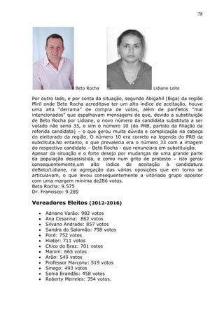 78
Beto Rocha Lidiane Leite
Por outro lado, e por conta da situação, segundo Abigahil (Biga) da região
Miril onde Beto Rocha acreditava ter um alto índice de aceitação, houve
uma alta “derrama” de compra de votos, além de panfletos “mal
intencionados” que espalhavam mensagens de que, devido a substituição
de Beto Rocha por Lidiane, o novo número da candidata substituta a ser
votado não seria 33, e sim o número 10 (do PRB, partido da filiação da
referida candidata) – o que gerou muita dúvida e complicação na cabeça
do eleitorado da região. O número 10 era correto na legenda do PRB da
substituta.No entanto, o que prevalecia era o número 33 com a imagem
do respectivo candidato – Beto Rocha - que renunciara em substituição.
Apesar da situação e o forte desejo por mudanças de uma grande parte
da população desassistida, e como num grito de protesto – isto gerou
consequentemente,um alto índice de aceitação à candidatura
deBeto/Lidiane, na agregação das várias oposições que em torno se
articulavam, o que levou consequentemente a vitóriado grupo opositor
com uma margem mínima de286 votos.
Beto Rocha: 9.575
Dr. Francisco: 9.289
Vereadores Eleitos (2012-2016)
 Adriano Varão: 982 votos
 Ana Cesarina: 862 votos
 Silvano Andrade: 857 votos
 Sandra do Salomão: 798 votos
 Poré: 752 votos
 Hiater: 711 votos
 Chico do Braz: 701 votos
 Manim: 665 votos
 Arão: 549 votos
 Professor Marcony: 519 votos
 Sinego: 493 votos
 Sonia Brandão: 458 votos
 Roberty Meireles: 354 votos.
 