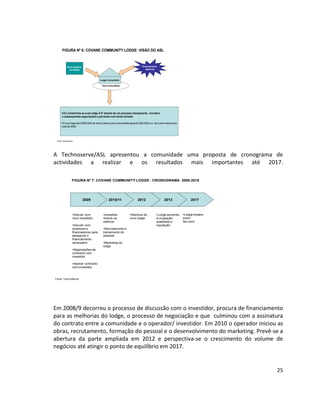 FIGURA Nº 6: COVANE COMMUNITY LODGE: VISÃO DO ASL

Financiamento
adicional

Nova empresa
de Gestão

Lodge Comunitário
Terra Comunitária

•CCL transforma-se-a em lodge 4-5* através de um processo transparente , inovativo
e subsequentes negociações e parcerias com sector privado
•O novo loge será $500,000 de activo (bens) para comundade gerando $25,000 p.or ano para mesma por
volta de 2020

Fonte: TechnoServe

A Technoserve/ASL apresentou a comunidade uma proposta de cronograma de
actividades a realizar e os resultados mais importantes até 2017.
FIGURA Nº 7: COVANE COMMUNITY LODGE : CRONOGRAMA 2009-2015

2009

•Discutir com
novo investidor
•Discutir com
doadores e
financiadores para
assegurar o
financiamento
necessário

2010/11

•Investidor
renova os
edifícos

2012

•Abertura do
novo lodge

2013

•Lodge aumenta
a ocupação,
qualidade e
reputação

2017

•Lodge breakseven/
faz lucro

•Recrutamento e
treinamento do
pessoal
•Marketing do
lodge

•Negociações de
contracto com
investidor
•Assinar contracto
com investidor

Fonte: TechnoServe

Em 2008/9 decorreu o processo de discussão com o investidor, procura de financiamento
para as melhorias do lodge, o processo de negociação e que culminou com a assinatura
do contrato entre a comunidade e o operador/ investidor. Em 2010 o operador iniciou as
obras, recrutamento, formação do pessoal e o desenvolvimento do marketing. Prevê-se a
abertura da parte ampliada em 2012 e perspectiva-se o crescimento do volume de
negócios até atingir o ponto de equilíbrio em 2017.

25

 
