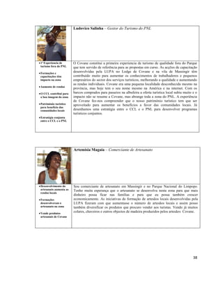 Ludovico Salinha – Gestor do Turismo do PNL

 1ª Experiencia de
turismo fora do PNL
 Formações e
capacitações têm
impacto na zona
 Aumento de rendas
 O CCL contribui para
a boa imagem da zona
 Património turístico
para benefício das
comunidades locais

O Covane constitui a primeira experiencia de turismo de qualidade fora do Parque
que tem servido de referência para as propostas em curso. As acções de capacitação
desenvolvidas pela LUPA no Lodge de Covane e na vila de Massingir têm
contribuído muito para aumentar os conhecimentos de trabalhadores e pequenos
empresários do sector dos serviços turísticos, melhorando a qualidade e aumentando
as rendas individuais. Covane era uma pequena localidade desconhecida mesmo na
província, mas hoje tem o seu nome mesmo na América e na internet. Com os
barcos comprados para passeios na albufeira a oferta turística local subiu muito e o
impacto não se resume a Covane, mas abrange toda a zona do PNL. A experiência
de Covane fez-nos compreender que o nosso património turístico tem que ser
aproveitado para aumentar os benefícios a favor das comunidades locais. Já
desenhamos uma estratégia entre o CCL e o PNL para desenvolver programas
turísticos conjuntos.

 Estratégia conjunta
entre o CCL e o PNL

Artemísia Magaia – Comerciante de Artesanato

 Desenvolvimento do
artesanato aumenta as
rendas locais
 Formações
desenvolveram o
artesanato na zona
 Vende produtos
artesanais de Covane

Sou comerciante de artesanato em Massingir e no Parque Nacional do Limpopo.
Tenho muita esperança que o artesanato se desenvolva nesta zona para que mais
dinheiro possa ficar nas famílias e para que eu possa também crescer
economicamente. As iniciativas de formação de artesãos locais desenvolvidas pela
LUPA fizeram com que aumentasse o número de artesãos locais e assim posso
também diversificar os produtos que procuro vender aos turistas. Vendo já muitos
colares, chaveiros e outros objectos de madeira produzidos pelos artesãos Covane.

38

 