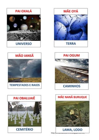 http://umbandaeocaminho.blogspot.com.br/
UNIVERSO
PAI OXALÁ MÃE OYÁ
TERRA
MÃO IANSÃ PAI OGUM
PAI OBALUAIÊ MÃE NANÃ BURUQUE
TEMPESTADES E RAIOS CAMINHOS
CEMITÉRIO LAMA, LODO
 