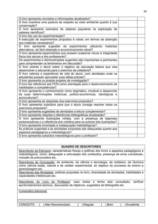 44
O livro apresenta conceitos e informações atualizados?
O livro incentiva uma postura de respeito ao meio ambiente quanto à sua
conservação?
O livro apresenta exemplos de saberes populares na explicação de
saberes científicos?
O livro faz uso da experimentação?
A execução de experimentos propostos é viável, em termos de obtenção
dos materiais necessários?
O livro apresenta sugestão de experimentos utilizando materiais
alternativos, de fácil obtenção e economicamente viável?
O livro apresenta experimentos que possam ocasionar riscos à integridade
física dos alunos e dos professores?
Os experimentos e demonstrações sugeridos são importantes e pertinentes
para compreender os fenômenos em discussão?
O livro orienta o aluno sobre o objetivo da educação básica que visa
desenvolver o educando para o exercício da cidadania?
O livro valoriza a experiência de vida do aluno, com atividades onde os
estudantes possam aproveitar suas idéias prévias?
O livro apresenta ou propõe projetos de investigação?
O livro faz referência aos PCN como orientação para o desenvolvimento de
habilidades e competências?
O livro apresenta o conhecimento como dogmático, imutável e desprovido
de suas determinações históricas, político-econômicas, ideológicas e
socioculturais?
O livro apresenta as respostas dos exercícios propostos?
O livro apresenta subsídios para que o aluno consiga resolver todos os
exercícios propostos?
O livro apresenta sugestões de atividades e leitura complementar?
O livro apresenta citações e referências bibliográficas atualizadas?
O livro apresenta ilustrações nítidas, com a presença de legendas
esclarecedoras e a referência dos créditos para os autores das ilustrações?
O livro apresenta incorreção e inadequação metodológicas?
As práticas sugeridas e as atividades propostas são adequadas quanto aos
aspectos pedagógicos e metodológicos?
O livro apresenta subsídios metodológicos para o professor?
QUADRO DE DESCRITORES
Descritores da Estrutura: características físicas e gráficas dos livros e aspectos pedagógicos e
metodológicos, como: adequação e articulação dos conteúdos, presença de erros conceituais,
inclusão de preconceitos etc.
Descritores de Concepção: de ambiente, de ciência e tecnologia, de cotidiano, de Química
como ciência exata, natural e de caráter experimental, do objetivo do processo de ensino e
aprendizagem etc.
Descritores das Atividades: práticas propostas no livro, diversidade de atividades, habilidades e
capacidades intelectuais etc.
Descritores do Livro do Professor: caso exista e tenha sido consultado, verificar
aprofundamentos teóricos, discussões de objetivos, sugestões de bibliografia etc.
Comentário Adicional:
CONCEITO: ( ) Não Recomendado ( ) Regular ( ) Bom ( ) Excelente
 