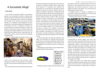 A Sociedade Afegã
População
Cerca de 80% da população Afegã é essencialmente
agrícola. A sua distribuição no território é irregular sendo
mais densa na parte oriental do território (nas montanhas e
cidades) e muito deserta a SW e nos pontos mais elevados
das montanhas de NE. Sendo um povo de caracterísƟcas
nómadas (2 a 3 milhões) é diİ cil estabelecer um censo
populacional. A densidade demográﬁca do Afeganistão é de
47 habitantes por Km². A esƟmaƟva em 2008 é de
aproximadamente 32 milhões de habitantes. O número de
homens é sensivelmente superior às mulheres sendo uma
população jovem (média de idade é de 17,6 anos) com uma
esperança de vida média de 44 anos. Cada mulher tem, em
média 6 ﬁlhos, sendo a taxa de crescimento da população
em2008de2,62%.
Durante as conﬂituosidades dos úlƟmos 25 anos, o país
sofreu uma erradicação da elite educada, muitos
emigraram, formando uma vasta diáspora no estrangeiro,
que não mostra uma forte intenção de regressar ao seu país
natal.
Por outro lado, alguns dos retornados pertencentes a esta
eliteestãoempreguadosemorganizaçõesinternacionaisou
no governo, recebendo elevados salários, pagos pelos
países doadores. Os refugiados mais modestos são
responsáveis por um movimento de retornados dos países
vizinhos. De acordo com dados da UNHCR, mais de 3.5
milhões de refugiados regressaram ao Afeganistão desde
2002. Internamente há milhares de pessoas deslocadas no
país,devidoalimpezaétnicasdascomunidades porPashtun
parte da Aliança do Norte em 2001 e 2002 e que estão
alojados em campos de deslocados na área de Kandahar.
Contudo, no passado tem havido disputas étnicas entre
Pashtuns e não‐Pashtuns, bem como violência pela posse
de terra entre várias tribos em diversas províncias, sendo
estesconﬂitosmuitasvezesassociadosaperíodosdeguerra
civil, com moƟvações políƟcas e não somente étnicas.
Atualmente, o regresso dos refugiados e deslocados
conƟnua a gerar muitas disputas pela posse da terra e da
água, reforçando a permanência do conﬂito inter‐étnico.
Ainda existe um número signiﬁcaƟvo de refugiados (cerca
de 2 milhões, distribuídos principalmente entre o Paquistão
eoIrão).
Os níveis de educação e de saúde são atualmente muito
frágeis, pela destruição das respeƟvas infra‐estruturas,
escassez de recursos humanos qualiﬁcados, falta de fundos,
faltadesegurançanasinsƟtuiçõesenormasculturais.Ataxa
de analfabeƟsmo é de 49% para os homens e 79% para as
mulheres.
OAfeganistãoécaracterizadoporumamiscelâneaétnico‐
linguísƟcadivididadaseguinteforma:
Os Pashtuns (sunitas) ocupam a área mais extensa, ao sul
de Kandahar, possuindo uma língua própria, existem tantos
Pashtuns no lado paquistanês da fronteira, como no
Afeganistão. São bastante tradicionais e tribais, com
códigos de conduta muito rígidos com as estruturas locais
(Jirgas)parƟcularmentevisíveis.
Os (sunitas), os , os e osTadjikes Aimaks Uzebeques
Turcomenos, ocupam uma ampla faixa no norte junto das
fronteirasdasrepúblicascentroasiáƟcas.
Os (xiitas) ocupam o centro do país e acentuam aHazaras
complexidade do quadro afegão, quer pelas suas
caracterísƟcasİ sicas,querpelofactodeseremumaminoria
xiita num país maioritariamente sunita, tendo sido, por isso
marginalizado, políƟca e economicamente ao longo da
história. Este grupo é bastante conservador, embora com
códigos de conduta menos rígidos que os . GruposPashtuns
menores, ou populações nómadas, como os , osBaloches
Kirghizes Nuristanis Pamiris, os , os , espraiam‐se pelas
fronteiras internacionais, testemunhos da arbitrariedade
do anƟgo poder colonial. As diferentes etnias convivem em
Cabul, na qual tradicionalmente os controlavam oPashtuns
poder, sendo os a elite intelectual e os osTadjikes Hazaras
decondiçãomaishumilde.
A língua mais falada é um dialeto persa chamado
Darí/FarsídeAfegãoPersa(50%),seguidodoPashtun(35%),
a língua de raiz turca (11%) e outros dialetos num total de
mais de setenta diferentes. A língua oﬁcial é o Pashtun e
Darí.
Página 14 de 120
8º Contingente Nacional
Rua em Cabul
Mulheres na zona do bazar vesƟndo a tradicional Burqa
16
Portugal ‐ 12 anos de parƟcipação na ISAF
 