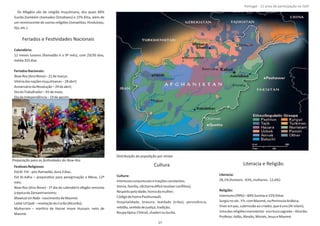 Os Afegãos são de religião muçulmana, dos quais 84%
Sunita (também chamados Ortodoxos) e 15% Xiita, além de
um reminiscente de outras religiões (Ismaelitas, Hinduístas,
Sijs,etc.).
Feriados e FesƟvidades Nacionais
Calendário:
12 meses lunares (Ramadão é o 9º mês), com 29/30 dias,
média355dias.
FeriadosNacionais:
Now‐Roz(AnoNovo)–21demarço;
Vitóriadasnaçõesmuçulmanas–28abril;
AniversáriodaRevolução–29deabril;
DiadoTrabalhador–01demaio;
DiadaIndependência–19deagosto.
FesƟvaisReligiosos
EidAl‐Fitr‐pós‐Ramadão,dura3dias;
Eid Al‐Adha – preparaƟvo para peregrinação a Meca, 12º
mês;
Now‐Roz (Ano Novo) ‐ 1º dia do calendário afegão remonta
àépocadoZoroastrianismo;
Mawlud‐UnNabi‐nascimentodeMaomé;
Lailat‐UlQadr–revelaçãodoCorão(Alcorão);
Muharram – marơrio de Hazrat Imam Hussain, neto de
Maomé.
Cultura
Cultura:
Interessesconjunturaisetraiçõesconstantes;
Honra,família,clã(tornadiİ cilresolverconﬂitos);
Respeitopelaidade,honradamulher;
CódigodehonraPashtunwali;
Hospitalidade, bravura, lealdade (tribo), persistência,
reƟdão,senƟdodejusƟça,tradição;
Roupaơpica:Chitrali,chadoriouburka.
Literacia e Religião
Literacia:
28,1%(homens‐43%,mulheres‐12,6%)
Religião:
Islamismo(99%)–84%Sunitase15%Xiitas
Surgiunoséc. VII,comMaomé,naPenínsulaArábica;
Viverempaz,submissãoaocriador,queéuno(Al‐Islam);
Umadasreligiõesmonoteísta‐escriturasagrada–Alcorão;
Profetas:Adão,Abraão,Moisés,JesuseMaomé.
Página 14 de 120
8º Contingente Nacional
Distribuição da população por etnias
Preparação para as fesƟvidades do Now‐Roz
17
Portugal ‐ 12 anos de parƟcipação na ISAF
 