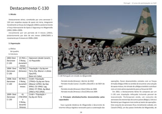 Destacamento C‐130
1.Missão
Destacamento aéreo, consƟtuído por uma aeronave C‐
130 com respeƟva equipa de apoio em terra, integraram
inicialmente as forças da Coligação (2002) e posteriormente
a Força Internacional de Apoio à Segurança no Afeganistão
(2004,2008e2009).
Inicialmente por um período de 4 meses (2002),
posteriormente por dois de seis meses (2004/2005) e
novamentepor4mesesem2008e2009.
2.Organização
a.EfeƟvo
Verquadro.
b.Estrutura
‐Períodomissão(4meses)‐Abr/Jul de2002
‐Período missão (1ano)‐ 21Jul04 a 30Jun05 (+ de 500 h de
voo)
‐Períodomissão(4meses)–4Set/13Decde2008
‐Períodomissão(4meses)–25Jul/24Outde2009
3. Principais aƟvidades/tarefas desenvolvidas pelas
capacidades
Face à grande distância do Afeganistão e decorrente do
enorme esforço logísƟco necessário para a sustentação das
operações, foram desenvolvidos contatos com as Forças
Armadas Belgas (FAB) no senƟdo de encontrar uma solução
de apoio mútuo, em virtude de a Bélgica também contribuir
comummeioaéreoequivalenteparaasforçasda ISAF.
Em 2002, o Destacamento Aéreo foi composto por um
C‐130 com tripulação reforçada incluindo pessoal de
manutenção. ParƟciparam ainda, um conjunto de
aeronavesdomesmoƟpodeoutrospaíses(Bélgica,Gréciae
Roménia) que chegaram mais tarde ao teatro de operações.
Este conjunto de aeronaves ﬁcou inicialmente sediado, em
Carachi (PAQ), um dos países limítrofes do Afeganistão, de
Página 14 de 120
8º Contingente Nacional
2002‐Dest
Aeronave
C‐130
15 PAX x
3 Rotaç.
durante4
meses
Operaram desde Carachi,
no Paquistão
2004‐ Dest
Aeronave
C‐130
43(TBC)
(6meses)
Tripulação + Eq.Ap.em
Terra (Eq. Manut. e célula
Ops/Inf);
Base em Cabul.
2008‐ Dest
Aeronave
C‐130
40 PAX x
3 Rotaç.
durante4
meses
Cmdt+ Tripulação
(7PAX)+ Eq.Ap.em Terra
(Manut 12PAX; Ap Ops
4PAX; CSI 3PAX; Log
3PAX; FP 7PAX; Ap.Med.
2PAX e PIO 1PAX)
2009‐ Dest
Aeronave
C‐130
41
(TBC)PAX
x
3 Rotaç.
durante
4meses
Cmdt + Tripulação +
Eq.Ap.em Terra
C‐130 Português em missão no Afeganistão
24
Portugal ‐ 12 anos de parƟcipação na ISAF
 