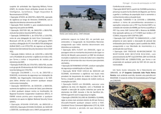 suspeito de acƟvidade das Opposing Military Forces
(OMF). As missões foram atribuídas através da matriz
Intelligence, Surveillance, Target AcquisiƟon &
Reconnaissance(ISTAR);
• Operação SPIDER, de 24SET05 a 06OUT05, operação
de vigilância ao longo do iƟnerário CRIMSON, com o
objecƟvodedetectarelementosda OMF;
• Operação PASS GUARD II, para estabelecimento de
segurançaaospaióisda KMNB;
• Operação DOCTOR NO, de 04OUT05 a 06OUT05,
visitadoSecretário‐Geralda NATO aCabul;
• Operação EXPANSION II, de 07OUT05 a 11OUT05,
visita de uma delegação do Joint Force Commander –
Brunssum (JFC‐B) ao AFG; A QRF portuguesa (PRT)
escoltou a delegação do JFC‐B em 06OUT05 até Bagram
Airﬁeld (BAF) e em 07OUT05, de regresso ao Quartel‐
General da (ISAFInternaƟonal Security Assistance Force
HQ);
• Operação KABUL SHIELD, de 12OUT05 a 14OUT05
com a ﬁnalidade de aumentar a vigilância em toda a AO,
por forma a evitar o lançamento de porrockets
elementosda OMF;
• Operação RUBICON, de 17OUT05 a 18OUT05, escolta
a um grupo de 20 elementos do ISAF HQ de Cabul para o
túnelde em17OUT05;Salang
• Operação CALAMARI I, II e III, de 29OUT05 a
01NOV05, incremento da segurança nas instalações da
UNAMA, das Organizações Internacionais e da ISAF,
para deter, detetar e/ou prevenir qualquer ataque
contraestasinstalações;
• Operação SWORDFISH, de 02DEC05 a 06DEC05,
aumento da vigilância no centro de Cabul, para detectar
e deter qualquer ataque contra as localizações do
Regional Economic CooperaƟon Conference (RECC). A
KMNB esteve pronta para responder a qualquer
incidente em apoio às Afghan NaƟonal Security Forces
(ANSF);
• Operação AFGHAN VENTURE, de 08DEC05 a
15DEC05 e Operação AFGHAN COURAGE, de 16DEC05
a 20DEC05, coordenação com a ANSF para garanƟr um
ambiente seguro na Cabul AO, no período que
antecedeu à inauguração da Assembleia Nacional,
assegurando que todos eventos decorressem sem
distúrbiosouincidentes;
• Operação BATs FLIGHT em 29DEC05, vigiar as
passagens entre as montanhas da província de e oLogar
distrito de , para prevenir as OMF de introduzirMusahi
munições e explosivos na área de Cabul com o objecƟvo
de privar os terroristas dos seus recursos para possíveis
atentados;
• Operação DETERMINED EFFORT, conduzir operações
desegurançaeestabilizaçãonaCabul AO;
• Operação NEW YEAR SHIELD de 30DEC05 até
01JAN06, incrementar a vigilância nos locais mais
prováveis de lançamento de na Cabul AO, derockets
forma a impedir ou deter ataques de contra asrockets
instalaçõesda ISAF;
• Operação HADES em 09JAN06, executar uma
vigilância da área em , com a ﬁnalidade deBagrami
impedir a execução de acções violentas por parte de
elementos da OMF, durante o Dia do Sacriİ cio (AL‐
ADHA)egaranƟrassimasegurançanaregião;
• Operação LONDON CALLING de 29JAN06 a 31JAN06,
vigiar as áreas mais sensíveis dentro da AO por forma a
dissuadir/impedir qualquer ataque contra a ISAF,
Combined Forces Command Afghanistan (CFC‐A), GOA
e ANSF, durante o período em que decorreu a
ConferênciadeLondres;
•Operação WASP NEST,aparƟrde23JAN06aumentara
presença na parte Sul do distrito de , por formaBagrami
a ganhar a conﬁança da população local e aumentar o
conhecimentosobreasituaçãolocal;
• Operação TUBARÃO II de 21FEV06 a 10MAR06,
conduzir o treino de procedimentos aeromóveis e
operações conjuntas com a PRT Coy (Central QRF) e as
unidades de manobra da KMNB, por forma a qualiﬁcar a
PRT Coy como ISAF Central QRF e Reserva da KMNB;
Esta operação aplicou‐se à 1ª CCMDS que rendeu a 2ª
CCMDS,enquanto ISAF CENTRAL QRF;
• Operação ISAF SUPPORT TO EMBASSIES/IC, a ISAF
preparou‐se para apoiar a evacuação de pessoal das
embaixadas para local seguro, apoio a pedido das ANSF,
assegurando a sua liberdade de movimentos e a
protecçãodassuasforças;
• Operação ISAF PROVIDE REINFORCEMENT TO
N O RT H E R N A N D W ES T E R N R EG I O N S, com
posicionamento da PRT Coy/CENTRAL QRF em KAIA de
072200LFEV06 até 120600LFEV06, por forma a ser
projectada em qualquer parte da ISAF AO em caso de
necessidade.
Um facto muito relevante, foi o falecimento em
18NOV05, do 1º Sargento Comando João Paulo Roma
Pereira, num acidente ocorrido, durante uma patrulha em
BAGRAMI. O corpo do militar, foi transladado para Portugal
em21NOV05.
Página 14 de 120
8º Contingente Nacional
Treino com meios aéros, CH47 Chinook
Posto de Observação DOLPHIN
33
Portugal ‐ 12 anos de parƟcipação na ISAF
 
