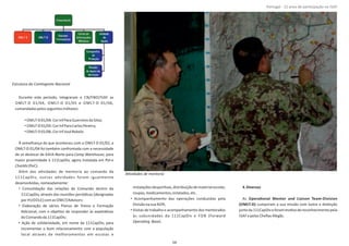 Durante este período, integraram o CN/FND/ISAF as
OMLT‐D 01/04, OMLT‐D 01/05 e OMLT‐D 01/06,
comandadaspelosseguintesmilitares:
• OMLT‐D01/04:CorInfParaGuerreirodaSilva;
• OMLT‐D01/05:CorInfParaCarlosPereira;
• OMLT‐D01/06:CorInfJoséRebelo.
À semelhança do que aconteceu com a OMLT‐D 01/02, a
OMLT‐D 01/04 foi também confrontada com a necessidade
de se deslocar de KAIA‐Norte para , paraCamp Warehouse
maior proximidade à 111CapDiv, agora instalada em Pol‐e
Charkhi(PeC).
Além das aƟvidades de mentoria ao comando da
111CapDiv, outras aƟvidades foram igualmente
desenvolvidas,nomeadamente:
• Consolidação das relações de Comando dentro da
111CapDiv, através das reuniões periódicas (designadas
por HUDDLE)comas OMLT/ ;Advisors
• Elaboração de vários Planos de Treino e Formação
Adicional, com o objeƟvo de responder às expetaƟvas
doComandoda111CapDiv;
• Ação de solidariedade, em nome da 111CapDiv, para
incrementar o bom relacionamento com a população
local através de melhoramentos em escolas e
instalaçõesdesporƟvas,distribuiçãodematerialescolar,
roupas,medicamentos,enlatados,etc.
• Acompanhamento das operações conduzidas pela
Divisãonasua AOR;
• Visitas de trabalho e acompanhamento dos mentorados
às subunidades da 111CapDiv e FOB (Forward
OperaƟng Base).
4.Diversos
As OperaƟonal Mentor and Liaison Team‐Division
(OMLT‐D) cumpriram a sua missão com lustre e disƟnção
juntoda111CapDiveforammoƟvodereconhecimentopela
ISAF epelasCheﬁasAfegãs.
Página 14 de 120
8º Contingente Nacional
Estrutura do ConƟngente Nacional
AƟvidades de mentoria
54
Portugal ‐ 12 anos de parƟcipação na ISAF
 