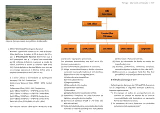d. AT CAP DIV HQ do8ºConƟngenteNacional
A DireƟva Operacional número 07 do Chefe de Estado‐
Maior das Forças Armadas, de 29 de janeiro de 2014,
para o , determinava que a8º ConƟngente Nacional
MAT portuguesa para a 111CapDiv fosse consƟtuída
por 08 militares do Exército mantendo a missão de
treinar, aconselhar e assisƟr o Comando e EM desta
111ª Divisão do Exército Nacional Afegão, com vista ao
seu emprego operacional. A DireƟva deﬁnia ainda a
seguinteconsƟtuiçãoda MAT/CAP DIV HQ:
1 x Senior Advisor e Comandante do ConƟngente
Nacional, COR ‐ OF5,CombatArms
1x Command Sarge nt Major, SMOR ‐ OR9, Combata
Arms
1xExecuƟveOﬃcer, TCOR – OF4,CombatArms
1xG1Oﬃcer, TCOR/MAJ – OF4/OF3,CombatArms
1xG2Oﬃcer, TCOR/MAJ – OF4/OF3,CombatArms
1xG3Oﬃcer, TCOR/MAJ – OF4/OF3,CombatArms
1xG4Oﬃcer, TCOR/MAJ – OF4/OF3,CombatArms
1x GENG Oﬃcer, TCOR/MAJ – OF4/OF3, ENG
Para executar a missão a MAT do 8º CN arƟculou‐se de
acordocomoorganigramaapresentado.
Das aƟvidades desenvolvidas pela MAT do 8º CN,
destacam‐seasseguintes:
(1)Desenvolvimentodeaçõesdiáriasdeassessoria;
(2) MiƟgar lacunas idenƟﬁcadas na divisão e ministrar
cursos com recurso a formadores da MAT, do CN ou
daestruturada ISAF nasseguintesáreas:
;(a)Leituradecartastopográﬁcas
(b)Informaçõesmilitares;
(c)SegurançaMilitar;
(d)OperaçõesdeInformações;
(e) ;InformaƟonOperaƟon
(f)InformáƟca;
(g) (ATAC);AfghanTacƟcalAirCoordinaƟon
(3) Seminários e simpósios nas áreas funcionais de
logísƟcaeoperaçõesdeinformações;
(4) Exercícios de validação SIGEX e CPX tendo sido
aplicadoo MDMP;
(5) Visitas de trabalho às várias subunidades da divisão,
incluindo às Forward OperaƟng Base (FOB,) Postos
deObservaçãoePostosdeControlo;
(6) Visitas às subunidades da divisão no âmbito das
inspeçõesdetreino;
(7) Reuniões, conferências, cerimónias, simpósios,
semináriosevisitas,noâmbitoda ISAF edas ANSF;
(8) Planeamento e execução do Hand Over Take Over
paraa MAT/CAP DIV HQ doExércitodaTurquia.
3.Restriçõesaoempregoda MAT
Os ConƟngentes Nacionais, do 4ºCN ao 8ºCN, Ɵveram no
TO do Afeganistão as seguintes restrições (CAVEATS),
impostassuperiormente:
“1. O emprego em ações de acompanhamento do
comando da unidade no exterior da sua área de
responsabilidade está dependente da aprovação
formaldasenƟdadesnacionais;
2. Os elementos de são atribuídosForce ProtecƟon
exclusivamenteàequipanacional.”
Página 14 de 120
8º Contingente Nacional
Caixa de Areia para apoio a uma Ordem de Operações
65
Portugal ‐ 12 anos de parƟcipação na ISAF
 