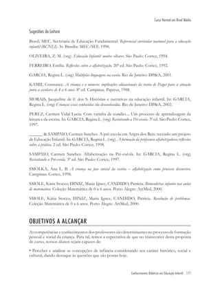 Conhecimentos Didáticos em Educação Infantil 171
Curso Normal em Nível Médio
Sugestões de Leitura
Brasil. MEC. Secretaria de Educação Fundamental. Referencial curricular nacional para a educação
infantil (RCNEI). 3v. Brasília: MEC/SEF, 1998.
OLIVEIRA, Z. M. (org). Educação Infantil: muitos olhares. São Paulo: Cortez, 1994.
FERREIRO, Emília. Reﬂexões sobre a alfabetização. 20ª ed. São Paulo: Cortez, 1992.
GARCIA, Regina L. (org) Múltiplas linguagens na escola. Rio de Janeiro: DP&A, 2001.
KAMII, Constance. A criança e o número: implicações educacionais da teoria de Piaget para a atuação
junto a escolares de 4 a 6 anos. 8ª ed. Campinas. Papirus, 1988.
MORAIS, Jacqueline de F. dos S. Histórias e narrativas na educação infantil. In: GARCIA,
Regina L. (org) Crianças essas conhecidas tão desconhecidas. Rio de Janeiro: DP&A, 2002.
PEREZ, Carmen Vidal Lucia. Com varinha de condão.... Um processo de aprendizagem da
leitura e da escrita. In: GARCIA, Regina L. (org) Revisitando a Pré-escola. 3ª ed. São Paulo: Cortez,
1997.
______ & SAMPAIO, Carmen Sanches. A pré-escola em Angra dos Reis: tecendo um projeto
de Educação Infantil. In: GARCIA, Regina L. (org). A formação da professora alfabetizadora; reﬂexões
sobre a prática. 2 ed. São Paulo: Cortez, 1998.
SAMPAIO, Carmen Sanches. Alfabetização na Pré-escola. In: GARCIA, Regina L. (org)
Revisitando a Pré-escola. 3ª ed. São Paulo: Cortez, 1997.
SMOLKA, Ana L. B. A criança na fase inicial da escrita – alfabetização como processo discursivo.
Campinas: Cortez, 1998.
SMOLE, Kátia Stocco, DINIZ, Maria Ignez, CANDIDO, Patrícia. Brincadeiras infantis nas aulas
de matemática. Coleção Matemática de 0 a 6 anos. Porto Alegre: ArtMed, 2000.
SMOLE, Kátia Stocco, DINIZ, Maria Ignez, CANDIDO, Patrícia. Resolução de problemas.
Coleção Matemática de 0 a 6 anos. Porto Alegre: ArtMed, 2000.
OBJETIVOS A ALCANÇAR
As competências e conhecimentos dos professores são determinantes no processo de formação
pessoal e social da criança. Para tal, temos a expectativa de que no transcorrer desta proposta
de curso, nossos alunos sejam capazes de:
• Perceber e analisar as concepções de infância considerando seu caráter histórico, social e
cultural, dando destaque às questões que são postas hoje.
 