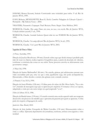 Conhecimentos Didáticos e Pedagógicos em Ed. de Jovens e Adultos, Ed. Especial e Ed. Indígena 189
Curso Normal em Nível Médio
SASSAKI, Romeu Kazumi, Inclusão: Construindo uma sociedade para todos. 3a
ed. Rio de
Janeiro: WVA, 1999.
GAIO, Roberta, MENEGHETTI, Rosa G. Krob. Caminhos Pedagógicos da Educação Especial –
Petrópolis – RJ. Editora Vozes – 2004.
VIGOTISK, Pensamento e Linguagem. Trad. Bezzera. Porto Alegre: Artes Médicas, 2003.
WERNECK, Claudia. Meu amigo Down: em casa, na rua e na escola. Rio de Janeiro: WVA,
Coleção infanto-juvenil, 5a
ed., 1994.
WERNECK, Claudia. Sociedade Inclusiva: Quem cabe no seu TODOS? Rio de Janeiro: WVA,
1999.
WERNECK, Claudia. Um amigo diferente? Rio de Janeiro: WVA, 5a ed., 1995.
WERNECK, Claudia. Você é gente? Rio de Janeiro: WVA, 2003.
Sugestões de Filmes e Vídeos
A Prova. Austrália, 1991.
Direção de Jocelyn Moorhouse. (90 min.) Enredo sobre cego que desde criança é proibido pela
mãe de tocar os objetos, realiza registros fotográﬁcos para, a partir da descrição de videntes,
conﬁrmar a existência das coisas ao seu redor. Nesse processo envolve-se afetivamente com
governanta e amigo.
A Maçã. Irã, 1998.
Direção de Samira Makhmalbaf (86 min.). No enredo, gêmeas, pré-adolescentes passam suas
vidas escondidas pelo pai, uma vez que a mãe, igualmente cega, não pode acompanhá-las.
Denunciado, o ﬁlme aborda o contato das gêmeas com o mundo exterior.
A Primeira Vista. EUA, 1999.
Direção de Irwin Winkler (128 min.). O ﬁlme parte do relato do Dr. Oliver Sacks, “Ver e não
ver”, tratando de massagista cego que se apaixona por arquiteta. O romance o leva a se operar,
adquirindo a visão por um curto tempo no qual reaprende “a ver”.
Filhos do Silêncio. EUA, 1986.
Direção de Randa haines (118 min.). O enredo constrói uma escola especial onde um terapeuta
desenvolve um processo de trabalho que o aproxima de paciente por quem se apaixona. A obra
parte do respeito à linguagem do surdo.
Janela da Alma. Brasil, 2002.
Direção de João Jardim. Fotograﬁa de Walter Carvalho. (130 min.) Documentário sobre a
visão e o olhar. Apresenta depoimentos de jornalistas, escritores, artistas com cegueira e visão
residual.
 
