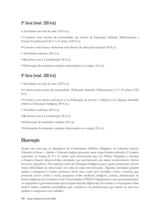 208 Ensino Fundamental e Ensino Médio
3ª Série (total: 320 h/a)
• Atividades em sala de aula (120 h/a).
• Contatos com escolas da comunidade em classes de Educação Infantil, Alfabetização e
Ensino Fundamental de 1ª a 4ª séries (120 h/a).
• Contatos com classes inclusivas com alunos de educação especial (30 h/a).
• Atividades culturais (36 h/a).
• Reuniões com a Coordenação (8 h/a).
• Elaboração de materiais variados relacionados ao estágio (6 h/a).
4ª Série (total: 320 h/a)
• Atividades em sala de aula (120 h/a).
• Contato com escolas da comunidade (Educação Infantil, Alfabetização e 1ª a 4ª séries) (120
h/a).
• Contatos com classes inclusivas e/ou Educação de Jovens e Adultos e/ou alguma atividade
relativa à Educação Indígena (40 h/a).
• Atividades culturais (24 h/a).
• Reuniões com a Coordenação (8 h/a).
• Elaboração de materiais variados (8 h/a).
• Elaboração de materiais variados relacionados ao estágio (8 h/a).
Observação
Tendo em vista que as disciplinas de Conhecimentos Didáticos Pedagógicos em Educação Especial,
Educação de Jovens e Adultos e Educação Indígena possuem uma carga horária reduzida (2 tempos
semanais) ao longo da 3ª e 4ª séries, seria interessante que em Práticas Pedagógicas e Iniciação
à Pesquisa fossem desenvolvidas atividades que permitissem um maior conhecimento destas
áreas tão especíﬁcas. Em especial a área de Educação Indígena para a qual, certamente, haverá
maior diﬁculdade de observação em salas de aula convencionais. Algumas atividades podem
ajudar a enriquecer o futuro professor nesta área, como por exemplo: visitas a museus que
possuem acervo sobre o tema; pesquisas sobre medicina indígena, cultura, demarcação de
terras indígenas etc. Contatos com Universidades, ONGS (Organizações não-governamentais)
ou organismos governamentais que estejam fazendo algum tipo de estudo e/ou pesquisa sobre
nossos índios, também possibilitam que estudiosos ou proﬁssionais que atuam na área nos
ajudem a enriquecer este trabalho.
 