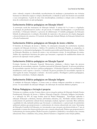 Ementa 219
Curso Normal em Nível Médio
sócio- cultural e respeito à diversidade; reconhecimento de mudanças e permanências nas vivências
humanas nos diferentes espaços e tempos, identiﬁcando e avaliando as ações dos homens em sociedade
e suas conseqüências. A partir de uma visão interdisciplinar, estabelecer a relação entre as diferentes
áreas do conhecimento na ação pedagógica
Conhecimentos Didático-pedagógicos em Educação Infantil
A construção social das instituições de Educação Infantil. A criança de 0 a 6 anos e a legislação.
A formação do proﬁssional de creche e de pré-escola. O trabalho interdisciplinar e os proﬁssionais
envolvidos. A Educação Infantil e o processo de alfabetização. O trabalho pedagógico da Educação
Infantil, do planejamento à avaliação: diversidade de expressão e dos processos de criação, linguagem
e desenvolvimento de conceitos. O Currículo da Educação Infantil. Relação da Educação Infantil com
a Escola Fundamental.
Conhecimentos Didático-pedagógicos em Educação de Jovens e Adultos
O histórico da Educação de Jovens e Adultos. As orientações emanadas de conferências mundiais
a respeito da Educação de Jovens e Adultos. Os caminhos da Educação Popular, as campanhas, os
movimentos e as alternativas pedagógicas. Os caminhos percorridos pela Educação de Jovens e Adultos
na Educação Brasileira, no sistema de ensino e nos movimentos sociais. As metodologias de ensino.
Análise das experiências históricas dos países que buscaram a superação do analfabetismo dentro do
processo da superação social e política.
Conhecimentos Didático-pedagógicos em Educação Especial
Evolução histórica da Educação Especial. Democracia: cidadania e direitos legais das pessoas
portadoras de necessidades especiais. A política nacional de Educação Especial. As pessoas portadoras
de necessidades especiais. Serviços e práticas pedagógicas. A Educação Especial e suas modalidades de
atendimentos como suporte e recursos. A inclusão da pessoa portadora de necessidades especiais na
rede regular de ensino. Integração e inclusão – da teoria à prática. Abordagens e práticas pedagógicas.
Adaptações curriculares. Avaliação adaptada.
Conhecimentos Didático-pedagógicos em Educação Indígena
A realidade da Educação Indígena. A forma como as culturas indígenas entendem as crianças e os
jovens. As necessidades da educação bilíngüe e de elaboração de materiais didáticos próprios.
Práticas Pedagógicas e Iniciação à pesquisa
Vivências no cotidiano escolar. Contato direto com as situações práticas da Educação Infantil, Ensino
Fundamental, Educação de Jovens e Adultos, Educação Especial e Educação Indígena (recomenda-
se a utilização de 50% da carga horária anual de Prática Pedagógica) . Tecnologias aplicadas à
educação (Educação a distância, internet, informática educativa, etc). Atividades artístico-culturais e
conhecimento do patrimônio cultural (local, municipal, estadual, regional e nacional). Meio-ambiente
e qualidade de vida, incluindo práticas que favoreçam o conhecimento e a preservação do patrimônio
ambiental. práticas que proporcionem o conhecimento do sistema educacional, tais como: Secretarias
de Educação, Conselhos de Educação, etc (recomenda-se que esta parte seja desenvolvida no 1º ano, já
permitindo o contato dos futuros professores com o sistema educacional). Práticas que proporcionem o
conhecimento do sistema político (Poder Executivo, Legislativo e Judiciário) e sua relação com o sistema
educacional. Ética e cidadania: ética, justiça, direitos humanos e magistério como função pública.
 