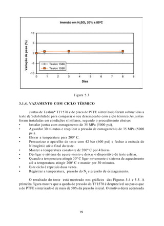 Figura 5.3

3.1.4. VAZAMENTO COM CICLO TÉRMICO

       Juntas de Tealon* TF1570 e de placa de PTFE sinterizado foram submetidas a
teste de Selabilidade para comparar o seu desempenho com ciclo térmico.As juntas
foram instaladas em condições silmilares, segundo o procedimento abaixo:
•      Instalar juntas com esmagamento de 35 MPa (5000 psi).
•      Aguardar 30 minutos e reaplicar a pressão de esmagamento de 35 MPa (5000
       psi).
•      Elevar a temperatura para 200º C.
•      Pressurizar o aparelho de teste com 42 bar (600 psi) e fechar a entrada de
       Nitrogênio até o final do teste.
•      Manter a temperatura constante de 200º C por 4 horas.
•      Desligar o sistema de aquecimento e deixar o dispositivo de teste esfriar.
•      Quando a temperatura atingir 30º C ligar novamente o sistema de aquecimento
       até a temperatura atingir 200º C e manter por 30 minutos.
•      Este ciclo é repetido duas vezes.
•      Registrar a temperatura, pressão do N2 e pressão de esmagamento.

       O resultado do teste está mostrado nos gráficos das Figuras 5.4 e 5.5. A
primeira figura mostra que a queda de pressão do TF1570 é desprezível ao passo que
a do PTFE sinterizado é de mais de 50% da pressão inicial. O motivo desta acentuada




                                        99
 