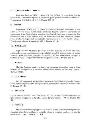 8.    AÇO INOXIDÁVEL AISI 347

       Liga semelhante ao AISI 321 com 18% Cr e 10% de Ni e adição de Nióbio,
que elimina a corrosão intergranular, entretanto, pode apresentar corrosão sob tensão.
Temperatura de trabalho até 815o C. Dureza: 160 HB

9.    MONEL

       Liga com 67% Ni e 30% Cu, possui excelente resistência à maioria dos ácidos
e álcalis, exceto ácidos extremamente oxidantes. Sujeita à corrosão sob tensão em
presença de ácido fluor-silício e mercúrio, não devendo ser usado nestes casos. Em
combinação com o PTFE é muito usada em juntas Metalflex para condições severas
de corrosão. É disponível no mercado nacional com preço bastante elevado.
Temperatura máxima de operação: 815o C. Dureza: 95 HB.

10.   NÍQUEL 200

       Liga com 99% Ni, possui grande resistência à corrosão aos álcalis cáusticos,
embora não possua a mesma resistência global do Monel. É também usada em juntas
Metalflex para aplicações especiais. É disponível no mercado nacional com preço
bastante elevado. Temperatura máxima de operação: 760o C. Dureza: 110 HB.

11.   COBRE

      Material bastante usado em juntas de pequenas dimensões, onde a força
máxima de esmagamento é limitada. Temperatura máxima de operação: 260 o C.
Dureza: 80 HB.

12.   ALUMÍNIO

      Devido à sua excelente resistência à corrosão e facilidade de trabalho é muito
usado na fabricação de juntas de dupla camisa. Temperatura de serviço máxima: 460o
C. Dureza: 35 HB.

13.   INCONEL

Liga à base de Níquel (70%) com 15% Cr e 7% Fe tem excelente resistência à
temperaturas criogênicas e elevadas. Limite de temperatura: 1100o C. Dureza: 150
HB.

14. TITÂNIO

      Metal com excelentes propriedades de resistência à corrosão em temperaturas
elevadas, atmosferas oxidantes, ao ácido nítrico e soluções alcalinas. Limite de
temperatura: 1100o C. Dureza: 215 HB.

                                         125
 