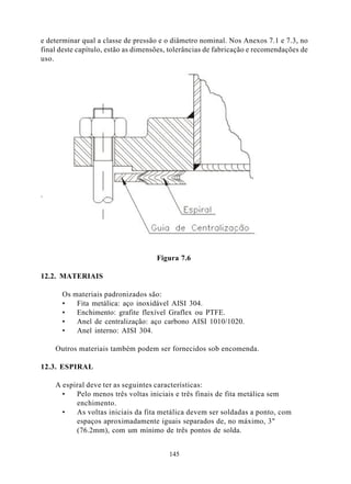 e determinar qual a classe de pressão e o diâmetro nominal. Nos Anexos 7.1 e 7.3, no
final deste capítulo, estão as dimensões, tolerâncias de fabricação e recomendações de
uso.




.




                                     Figura 7.6

12.2. MATERIAIS

      Os materiais padronizados são:
      •   Fita metálica: aço inoxidável AISI 304.
      •   Enchimento: grafite flexível Graflex ou PTFE.
      •   Anel de centralização: aço carbono AISI 1010/1020.
      •   Anel interno: AISI 304.

    Outros materiais também podem ser fornecidos sob encomenda.

12.3. ESPIRAL

    A espiral deve ter as seguintes características:
      •   Pelo menos três voltas iniciais e três finais de fita metálica sem
          enchimento.
      •   As voltas iniciais da fita metálica devem ser soldadas a ponto, com
          espaços aproximadamente iguais separados de, no máximo, 3"
          (76.2mm), com um mínimo de três pontos de solda.


                                         145
 