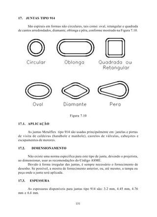 17.     JUNTAS TIPO 914

       São espirais em formas não circulares, tais como: oval, retangular e quadrada
de cantos arredondados, diamante, oblonga e pêra, conforme mostrado na Figura 7.10.




                                    Figura 7.10

17.1. APLICAÇÃO

      As juntas Metalflex tipo 914 são usadas principalmente em: janelas e portas
de visita de caldeiras (handhole e manhole), castelos de válvulas, cabeçotes e
escapamentos de motores.

17.2.     DIMENSIONAMENTO

      Não existe uma norma específica para este tipo de junta, devendo o projetista,
ao dimensionar, usar as recomendações do Código ASME.
      Devido à forma irregular das juntas, é sempre necessário o fornecimento de
desenho. Se possível, a mostra de fornecimento anterior, ou, até mesmo, a tampa ou
peça onde a junta será aplicada.

17.3.     ESPESSURA

     As espessuras disponíveis para juntas tipo 914 são: 3.2 mm, 4.45 mm, 4.76
mm e 6.4 mm.


                                        151
 