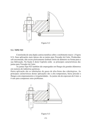 Figura 8.2


5.2. TIPO 923

       Constituída de uma dupla-camisa metálica sobre o enchimento macio ( Figura
8.3). Suas aplicações mais típicas são as juntas para Trocador de Calor. Produzidas
sob encomenda, não existe praticamente nenhum limite de diâmetro ou forma para a
sua fabricação. Na Seção 6 deste Capítulo estão as principais características das
juntas para Trocador de Calor.
       As juntas Tipo 923 também são empregadas em flanges de grandes diâmetros
em reatores de indústrias químicas.
Outra aplicação são as tubulações de gases de alto-forno das siderúrgicas. As
principais caraterísticas destas aplicações são a alta temperatura, baixa pressão e
flanges com empenamentos e irregularidades. As juntas são de espessura de 4 mm a
6 mm para compensar estes problemas.




                                    Figura 8.3

                                       171
 
