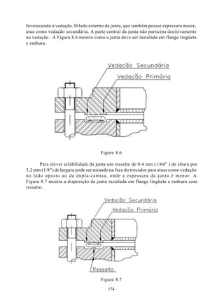 favorecendo a vedação. O lado externo da junta, que também possui espessura maior,
atua como vedação secundária. A parte central da junta não participa decisivamente
na vedação. A Figura 8.6 mostra como a junta deve ser instalada em flange lingüeta
e ranhura.




                                     Figura 8.6

       Para elevar selabilidade da junta um ressalto de 0.4 mm (1/64" ) de altura por
3.2 mm (1/8") de largura pode ser usinado na face do trocador para atuar como vedação
no lado oposto ao da dupla-camisa, onde a espessura da junta é menor. A
Figura 8.7 mostra a disposição da junta instalada em flange lingüeta e ranhura com
ressalto.




                                     Figura 8.7

                                        174
 