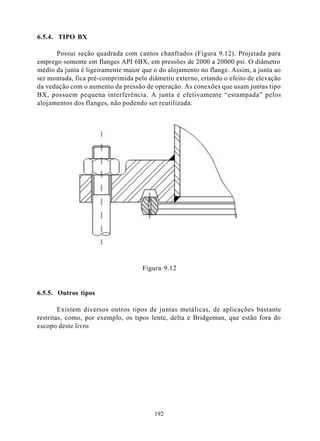 6.5.4. TIPO BX

      Possui seção quadrada com cantos chanfrados (Figura 9.12). Projetada para
emprego somente em flanges API 6BX, em pressões de 2000 a 20000 psi. O diâmetro
médio da junta é ligeiramente maior que o do alojamento no flange. Assim, a junta ao
ser montada, fica pré-comprimida pelo diâmetro externo, criando o efeito de elevação
da vedação com o aumento da pressão de operação. As conexões que usam juntas tipo
BX, possuem pequena interferência. A junta é efetivamente “estampada” pelos
alojamentos dos flanges, não podendo ser reutilizada.




                                    Figura 9.12


6.5.5. Outros tipos

        Existem diversos outros tipos de juntas metálicas, de aplicações bastante
restritas, como, por exemplo, os tipos lente, delta e Bridgeman, que estão fora do
escopo deste livro




                                        192
 