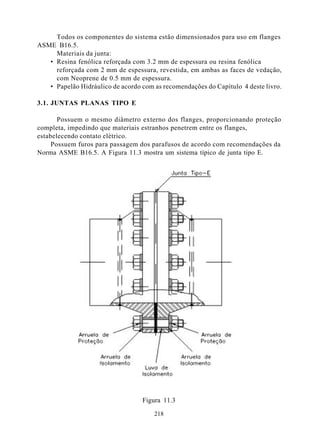 Todos os componentes do sistema estão dimensionados para uso em flanges
ASME B16.5.
     Materiais da junta:
   • Resina fenólica reforçada com 3.2 mm de espessura ou resina fenólica
     reforçada com 2 mm de espessura, revestida, em ambas as faces de vedação,
     com Neoprene de 0.5 mm de espessura.
   • Papelão Hidráulico de acordo com as recomendações do Capítulo 4 deste livro.

3.1. JUNTAS PLANAS TIPO E

       Possuem o mesmo diâmetro externo dos flanges, proporcionando proteção
completa, impedindo que materiais estranhos penetrem entre os flanges,
estabelecendo contato elétrico.
     Possuem furos para passagem dos parafusos de acordo com recomendações da
Norma ASME B16.5. A Figura 11.3 mostra um sistema típico de junta tipo E.




                                  Figura 11.3

                                      218
 