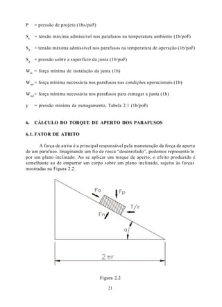 P    = pressão de projeto (1bs/pol2)

Sa   = tensão máxima admissível nos parafusos na temperatura ambiente (1b/pol2)

S b = tensão máxima admissível nos parafusos na temperatura de operação (1b/pol2)

S g = pressão sobre a superfície da junta (1b/pol2)

Wm = força mínima de instalação da junta (1b)

W m1 = força mínima necessária nos parafusos nas condições operacionais (1b)

W m2 = força mínima necessária nos parafusos para esmagar a junta (1b)

y    = pressão mínima de esmagamento, Tabela 2.1 (1b/pol2)


6.   CÁLCULO DO TORQUE DE APERTO DOS PARAFUSOS

6.1. FATOR DE ATRITO

      A força de atrito é a principal responsável pela manutenção da força de aperto
de um parafuso. Imaginando um fio de rosca “desenrolado”, podemos representá-lo
por um plano inclinado. Ao se aplicar um torque de aperto, o efeito produzido é
semelhante ao de empurrar um corpo sobre um plano inclinado, sujeito às forças
mostradas na Figura 2.2.




                                       Figura 2.2

                                          21
 