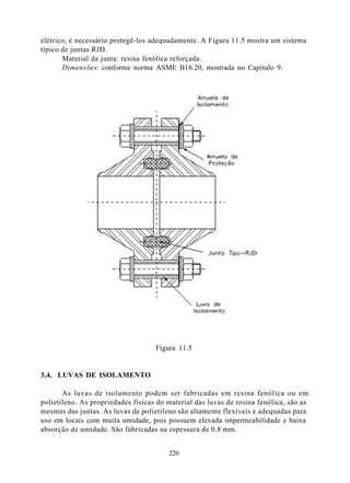 elétrico, é necessário protegê-los adequadamente. A Figura 11.5 mostra um sistema
típico de juntas RJD.
       Material da junta: resina fenólica reforçada.
       Dimensões: conforme norma ASME B16.20, mostrada no Capítulo 9.




                                    Figura 11.5


3.4. LUVAS DE ISOLAMENTO

       As luvas de isolamento podem ser fabricadas em resina fenólica ou em
polietileno. As propriedades físicas do material das luvas de resina fenólica, são as
mesmas das juntas. As luvas de polietileno são altamente flexíveis e adequadas para
uso em locais com muita umidade, pois possuem elevada impermeabilidade e baixa
absorção de umidade. São fabricadas na espessura de 0.8 mm.


                                        220
 
