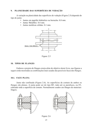 9.   PLANICIDADE DAS SUPERFÍCIES DE VEDAÇÃO

       A variação na planicidade das superfícies de vedação (Figura 2.5) depende do
tipo de junta:
            • Juntas em papelão hidráulico ou borracha: 0.8 mm.
            • Juntas Metalflex: 0.4 mm.
            • Juntas metálicas sólidas: 0.1 mm.




                                     Figura 2.5


10. TIPOS DE FLANGES

       Embora o projeto de flanges esteja além do objetivo deste livro, nas figuras a
seguir estão mostradas as combinações mais usadas das possíveis faces dos flanges.


10.1. FACE PLANA

       Junta não confinada (Figura 2.6). As superfícies de contato de ambos os
flanges são planas. A junta pode ser do tipo RF, indo até os parafusos, ou FF,
cobrindo toda a superfície de contato. Normalmente usados em flanges de materiais
frágeis.




                                     Figura 2.6

                                         27
 