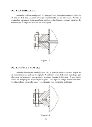 10.2. FACE RESSALTADA

      Junta não confinada (Figura 2.7). As superfícies de contato são ressaltadas de
1.6 mm ou 6.4 mm. A junta abrange normalmente até os parafusos. Permite a
colocação e retirada da junta sem afastar os flanges, facilitando eventuais trabalhos de
manutenção. É o tipo mais usado em tubulações.




                                      Figura 2.7


10.3. LINGÜETA E RANHURA

       Junta totalmente confinada (Figura 2.8). A profundidade da ranhura é igual ou
um pouco maior que a altura da lingüeta. A ranhura é cerca de 1.6 mm mais larga que
a lingüeta. A junta tem, normalmente, a mesma largura da lingüeta . É necessário
afastar os flanges para a colocação da junta. Este tipo de flange produz elevadas
pressões sobre a junta, não sendo recomendado para juntas não metálicas.




                                      Figura 2.8

                                          28
 